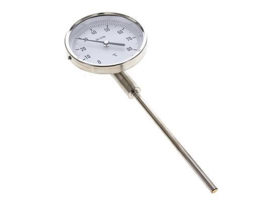 0 to +80°C Stainless Steel Bimetallic Thermometer 100mm Cabinet 63mm Stem Bottom