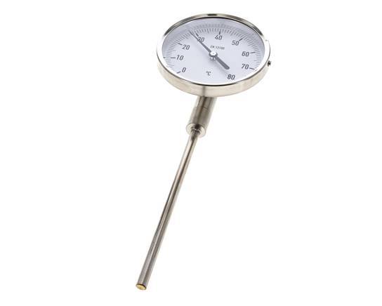 0 to +80°C Stainless Steel Bimetallic Thermometer 100mm Cabinet 63mm Stem Bottom